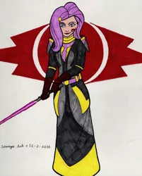 Size: 1024x1271 | Tagged: artist:fires-storm, crossover, derpibooru import, fluttershy, fluttersith, human, humanized, lightsaber, safe, sith, solo, star wars, star wars: the old republic, traditional art, weapon