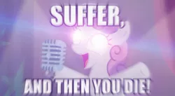 Size: 800x437 | Tagged: semi-grimdark, derpibooru import, edit, edited screencap, screencap, sweetie belle, pony, unicorn, cannibal corpse, death metal, glowing eyes, glowing eyes meme, hammer smashed face, image macro, meme, metal, singing, solo, song reference