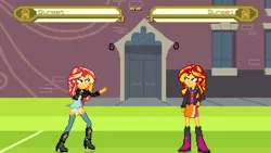 Size: 640x360 | Tagged: safe, artist:toonalexsora007, derpibooru import, sunset shimmer, equestria girls, friendship games, boots, canterlot high, clothes, duality, high heel boots, jacket, leather jacket, mugen, ratchet and clank, self paradox, skirt, soccer field