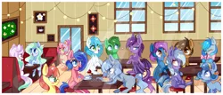 Size: 1024x437 | Tagged: safe, artist:ipun, derpibooru import, oc, oc:amaranthine sky, oc:cocoa mocha, oc:darcy sinclair, oc:heart song, oc:reverie, oc:shooting star, oc:sonar, oc:sweet skies, oc:violet rose, unofficial characters only, bat pony, crystal pony, earth pony, pegasus, pony, bow, cafe, cake, colored pupils, female, food, glasses, hair bow, heart eyes, male, mare, stallion, wingding eyes
