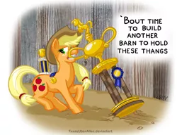 Size: 937x720 | Tagged: safe, artist:texasuberalles, derpibooru import, applejack, earth pony, pony, accent, award, best pony, blue ribbon, dragging, female, mare, medal, mouth hold, solo, trophy