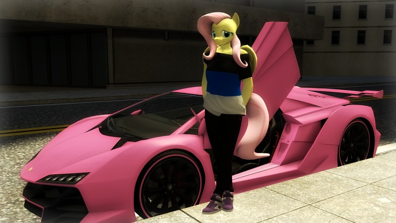 Size: 1920x1080 | Tagged: 3d, anthro, artist:jojobibou, car, derpibooru import, fluttershy, grand theft auto, gta v, pegassi zentorno, plantigrade anthro, safe, solo