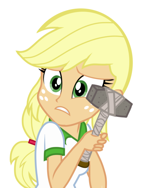 Size: 2448x3264 | Tagged: safe, artist:floralisole, derpibooru import, applejack, equestria girls, legend of everfree, blonde, clothes, female, hammer, hatless, missing accessory, scared, simple background, solo, transparent background, vector