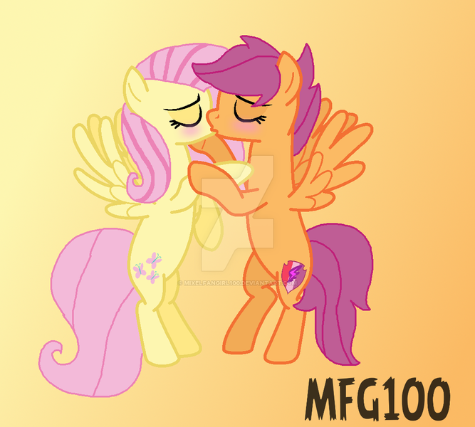 Size: 1024x921 | Tagged: safe, artist:mixelfangirl100, derpibooru import, fluttershy, scootaloo, pegasus, pony, base used, cutie mark, female, flying, kissing, lesbian, older, scootashy, shipping, the cmc's cutie marks, watermark