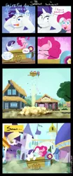 Size: 2900x7000 | Tagged: safe, artist:poecillia-gracilis19, derpibooru import, pinkie pie, rarity, earth pony, pony, unicorn, absurd resolution, canterlot, carriage, comic, eyes closed, party cannon, pinkie logic, ponyville, smiling, speech bubble, wagon