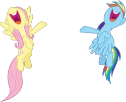 Size: 7836x6400 | Tagged: safe, artist:parclytaxel, derpibooru import, fluttershy, rainbow dash, pegasus, pony, flutter brutter, .svg available, absurd resolution, can i do it on my own, duo, female, floppy ears, flying, mare, nose in the air, open mouth, simple background, singing, smiling, spread wings, transparent background, vector