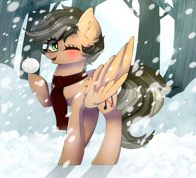 Size: 2449x2218 | Tagged: safe, artist:starshame, derpibooru import, oc, oc:artsong, unofficial characters only, pony, clothes, scarf, snow, snowball, solo, tree