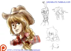 Size: 1180x850 | Tagged: a dash of everything, applejack, artist:manic-the-lad, cowboy hat, derpibooru import, flirting, hat, human, humanized, oblivious, one-sided, patreon, patreon logo, rainbow blitz, rainbow dash, rule 63, safe, sketch, sketch dump, straw in mouth