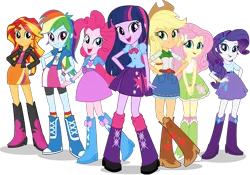 Size: 722x504 | Tagged: safe, derpibooru import, applejack, fluttershy, pinkie pie, rainbow dash, rarity, sunset shimmer, twilight sparkle, equestria girls, boots, bowtie, bracelet, clothes, compression shorts, cowboy boots, cowboy hat, cute, denim skirt, error, hand on hip, hat, high heel boots, jacket, jewelry, leather jacket, leg warmers, looking at you, raised leg, skirt, socks, stetson, wristband