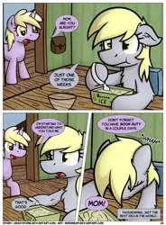 Size: 1400x1900 | Tagged: safe, artist:moemneop, derpibooru import, derpy hooves, dinky hooves, pony, comic:shifting changelings lies and truths, comic, eating, food, headdesk, ice cream, mother and daughter, table