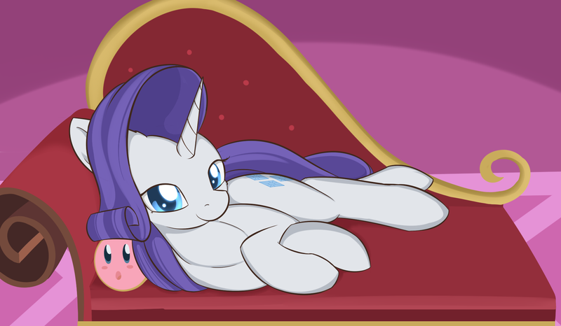 Size: 1896x1104 | Tagged: safe, artist:dusthiel, derpibooru import, rarity, pony, unicorn, colored pupils, fainting couch, kirby, kirby (character), kirby rarity, prone, smiling, solo