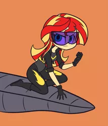 Size: 1285x1500 | Tagged: safe, artist:khuzang, derpibooru import, sunset shimmer, fanfic, equestria girls, alternate universe, clothes, equestrian city, fanfic art, gloves, looking at you, serious, serious face, simple background, solo, superhero, visor