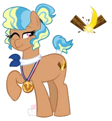 Size: 1257x1353 | Tagged: safe, artist:sugahfox, derpibooru import, oc, oc:brawny heart, unofficial characters only, pony, female, mare, medal, one eye closed, raised hoof, simple background, solo, tail wrap, transparent background, wink