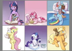 Size: 1984x1417 | Tagged: safe, artist:alasou, deleted from derpibooru, derpibooru import, applejack, fluttershy, pinkie pie, rainbow dash, rarity, scootaloo, smarty pants, twilight sparkle, twilight sparkle (alicorn), alicorn, pony, rabbit, :3, :p, apron, baking, batter, bed, blushing, book, chef's hat, clothes, cushion, cute, ear fluff, floppy ears, flour, flour sack, food, glowing horn, happy, hat, hug, levitation, looking at you, looking back, magic, mane six, mixing, mouth hold, needle, one eye closed, open mouth, pillow, pincushion, plushie, prone, quill, sewing, sitting, smiling, spoon, telekinesis, tongue out, watch, wink