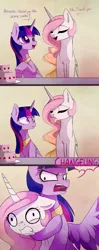 Size: 1717x4340 | Tagged: safe, artist:magnaluna, derpibooru import, princess celestia, twilight sparkle, twilight sparkle (alicorn), alicorn, pony, :c, absurd resolution, blasphemy, cake, cakelestia, choking, colored pupils, colored wings, colored wingtips, comic, dialogue, duo, eye twitch, eyes closed, female, floppy ears, fluffy, food, frown, glare, gritted teeth, heresy, levitation, magic, mare, missing accessory, open mouth, out of character, pink-mane celestia, shrunken pupils, smiling, spread wings, strangling, telekinesis, this will end in tears and/or a journey to the moon, wide eyes