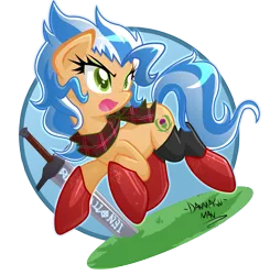 Size: 2449x2500 | Tagged: safe, artist:danmakuman, derpibooru import, oc, oc:jackie, unofficial characters only, earth pony, pony, clothes, commission, female, mare, open mouth, signature, solo, sword, weapon