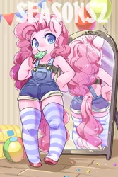 Size: 800x1196 | Tagged: safe, artist:shepherd0821, derpibooru import, pinkie pie, earth pony, pony, semi-anthro, ball, balloon, bandeau, bipedal, clothes, confetti, cute, diapinkes, food, looking at you, mirror, overalls, popsicle, reflection, smiling, socks, solo, striped socks