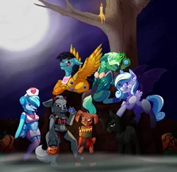 Size: 1531x1490 | Tagged: suggestive, derpibooru import, oc, oc:black dragon, oc:cupcake pup, oc:electro hipster, oc:frost d. tart, oc:lily, oc:mint pencil, oc:muffin, unofficial characters only, alicorn, bat pony, pony, alicorn oc, blood, candle, candy, chica, clothes, costume, crossover, devil, five nights at freddy's, food, furry, halloween, harlequin, jester, lollipop, looking at you, magic, night, nurse, peridot (steven universe), steven universe