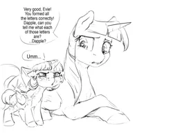 Size: 1280x989 | Tagged: safe, artist:silfoe, derpibooru import, twilight sparkle, twilight sparkle (alicorn), oc, oc:twilight dapple, alicorn, pony, other royal book, alicorn oc, black and white, dialogue, foal, freckles, grayscale, magical lesbian spawn, monochrome, mother and daughter, nearsighted, offspring, parent:princess luna, parent:twilight sparkle, parents:twiluna, simple background, sketch, speech bubble, white background