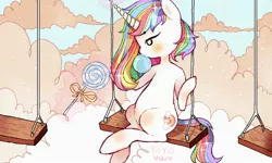 Size: 1600x960 | Tagged: safe, artist:yioyio, derpibooru import, oc, oc:fairytale, unofficial characters only, pony, unicorn, bubble, candy, cloud, food, lollipop, profile, rainbow colored mane, sitting, solo, swing