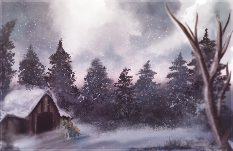 Size: 1024x662 | Tagged: safe, artist:amura-of-jupiter, derpibooru import, oc, oc:hoxie redhoof, oc:morning raindew mist, unofficial characters only, pony, cabin, duo, forest, scenery, snow, snowfall, tree, walking, winter