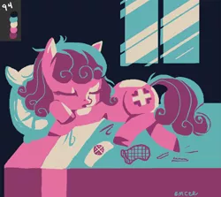 Size: 950x846 | Tagged: safe, artist:mcponyponypony, derpibooru import, nurse coldheart, nurse snowheart, earth pony, pony, accessories, alternate hairstyle, alternate style, bed, blanket, eyes closed, female, hairnet, hairpin, hat, hatless, limited palette, mare, missing accessory, numbers, open mouth, pillow, sleeping, snood, solo, window