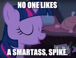 Size: 860x660 | Tagged: safe, derpibooru import, spike, twilight sparkle, twilight sparkle (alicorn), alicorn, dragon, pony, castle mane-ia, castle, hypocrisy, image macro, meme, night, scene interpretation, smartass, vulgar