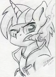 Size: 1216x1664 | Tagged: safe, artist:zemer, derpibooru import, oc, unofficial characters only, pony, fallout equestria, cigar, clothes, jacket, monochrome, solo, traditional art