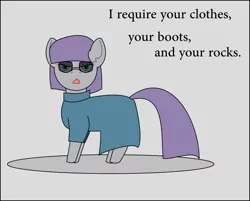 Size: 886x713 | Tagged: safe, artist:planetkiller, derpibooru import, maud pie, pony, clothes, looking at you, rock, simple background, solo, sunglasses, terminator, terminator 2, text, that pony sure does love rocks