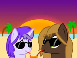 Size: 1600x1200 | Tagged: safe, artist:toyminator900, derpibooru import, oc, oc:glass sight, oc:mellow rhythm, unofficial characters only, pegasus, pony, unicorn, beach, melsight, palm tree, sex on the beach (drink), shipping, straw, sun, sunglasses, sunset, tree