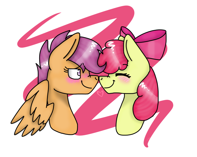 Size: 653x521 | Tagged: safe, artist:vixeyistrash, derpibooru import, apple bloom, scootaloo, pony, blushing, boop, bust, cute, female, lesbian, noseboop, scootabloom, shipping, simple background, white background