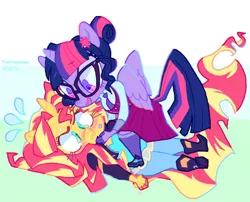 Size: 1280x1032 | Tagged: safe, artist:thatdarnmo, derpibooru import, sci-twi, sunset shimmer, twilight sparkle, twilight sparkle (alicorn), alicorn, anthro, plantigrade anthro, unicorn, equestria girls, female, lesbian, scitwilicorn, scitwishimmer, shipping, sunsetsparkle