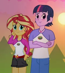 Size: 1114x1252 | Tagged: dead source, safe, artist:drewmwhit, artist:trotsworth, derpibooru import, sunset shimmer, twilight sparkle, equestria girls, legend of everfree, camp everfree outfits, clothes, crossed arms, dusk shine, duskshimmer, female, half r63 shipping, legs, male, pants, prince dusk, rule 63, shipping, shorts, straight, sunsetsparkle