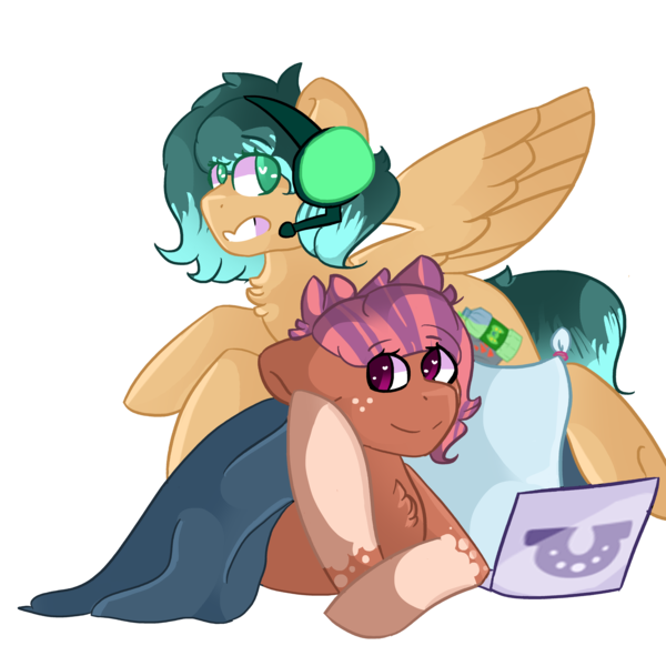 Size: 5000x5000 | Tagged: safe, artist:betabytee, derpibooru import, oc, oc:cozy comfort, oc:glitch gamepad, unofficial characters only, pony, absurd resolution, blanket, computer, hahcon, headset, laptop computer, pillow, simple background, transparent background