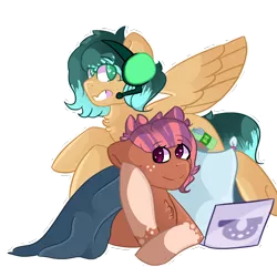 Size: 5000x5000 | Tagged: safe, artist:betabytee, derpibooru import, oc, oc:cozy comfort, oc:glitch gamepad, unofficial characters only, pony, absurd resolution, blanket, computer, hahcon, headset, laptop computer, pillow, simple background, transparent background