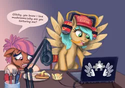 Size: 800x564 | Tagged: safe, artist:mystic2u, derpibooru import, oc, oc:cozy comfort, oc:glitch gamepad, unofficial characters only, pegasus, pony, computer, drinking hat, food, gaming, hahcon, hat, laptop computer, mascot, mushroom, pizza