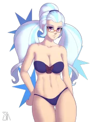 Size: 2400x3000 | Tagged: suggestive, artist:souladdicted, derpibooru import, sugarcoat, equestria girls, friendship games, belly button, breasts, female, glasses, human coloration, looking at you, pose, solo, solo female, strapless bikini, stupid sexy sugarcoat, underass