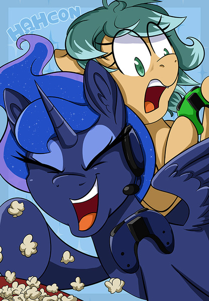 Size: 554x800 | Tagged: safe, artist:crowneprince, artist:scribbles heart, derpibooru import, princess luna, oc, oc:glitch gamepad, pony, gamer luna, charity, food, gaming, hahcon, popcorn, poster, xbox