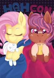 Size: 554x800 | Tagged: safe, artist:crowneprince, artist:mdragonflame, derpibooru import, fluttershy, oc, oc:cozy comfort, pony, blanket, charity, coffee, hahcon, poster, snuggling