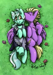 Size: 2609x3675 | Tagged: safe, artist:the-wag, derpibooru import, oc, unofficial characters only, pegasus, pony, unicorn, apron, choker, clothes, crossdressing, cute, dress, frilly, gay, maid, male, not lyra, nuzzling, oc x oc, shipping, stallion, trap