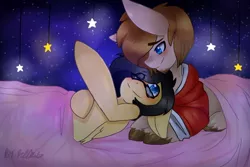 Size: 800x533 | Tagged: safe, artist:rene-color-wolf, derpibooru import, oc, oc:josie, oc:zone blitz, unofficial characters only, pony, bed, clothes, facial hair, gay, glasses, hoodie, male, stars