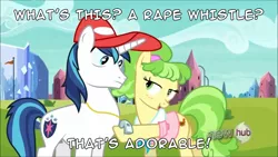 Size: 1366x768 | Tagged: suggestive, derpibooru import, edit, edited screencap, screencap, chickadee, ms. peachbottom, shining armor, earth pony, pony, unicorn, games ponies play, caption, imminent rape, imminent sex, rape whistle, whistle