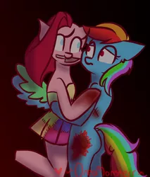 Size: 2312x2718 | Tagged: semi-grimdark, artist:oreomonsterr, derpibooru import, rainbow dash, pony, fanfic:cupcakes, blood, clothes, cutie mark dress, dress, hug, knife, looking at each other, pinkmena, stitches