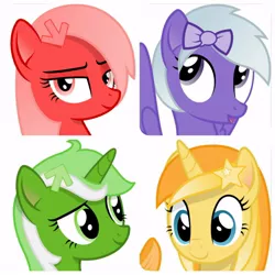Size: 640x640 | Tagged: safe, artist:arifproject, derpibooru import, edit, oc, oc:comment, oc:downvote, oc:favourite, oc:upvote, ponified, unofficial characters only, alicorn, earth pony, pegasus, pony, unicorn, derpibooru, bow, bust, collage, derpibooru ponified, hair bow, hairclip, lidded eyes, looking at you, meta, simple background, smiling, vector, white background