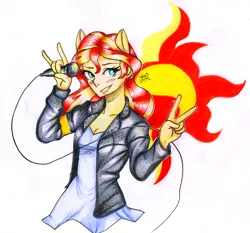 Size: 3245x3024 | Tagged: safe, artist:masteralex117, derpibooru import, sunset shimmer, equestria girls, breasts, cleavage, clothes, female, jacket, leather jacket, microphone, peace sign, ponied up, rock on, solo, traditional art