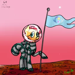 Size: 1000x1000 | Tagged: safe, artist:pwnyville, derpibooru import, fluttershy, pony, 60 min challenge, astronaut, equestrian flag, female, mars, solo, space helmet, spacesuit