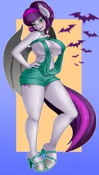 Size: 1860x3272 | Tagged: suggestive, artist:chacrawarrior, derpibooru import, oc, oc:sweet hum, unofficial characters only, anthro, bat pony, unguligrade anthro, alternate hairstyle, anthro oc, big breasts, blushing, breasts, cleavage, clothes, commission, dress, fangs, female, hand on hip, high heels, kangaroo dress, looking at you, mare, married, milf, mother, open mouth, ring, slit eyes, smiling, solo, solo female, wedding ring
