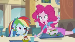 Size: 1280x720 | Tagged: safe, derpibooru import, screencap, pinkie pie, rainbow dash, equestria girls, pinkie on the one, rainbow rocks, balloon, boots, bracelet, clothes, cup, food, fork, high heel boots, jewelry, open mouth, pasta, raised leg, salad, skirt, smiling, spaghetti, spoon, tray