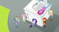 Size: 1280x714 | Tagged: safe, derpibooru import, screencap, applejack, fluttershy, pinkie pie, rainbow dash, rarity, sunset shimmer, equestria girls, rainbow rocks, balloon, boots, bracelet, clothes, compression shorts, cowboy boots, cowboy hat, denim skirt, football, hat, high heel boots, jacket, jewelry, leather jacket, skirt, socks, statue, stetson