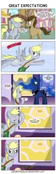 Size: 1675x5200 | Tagged: safe, artist:zsparkonequus, derpibooru import, derpy hooves, doctor whooves, princess luna, time turner, alicorn, earth pony, pegasus, pony, absurd resolution, anticlimax, bait and switch, comic, everything went better than expected, flying, good end, grammar error, letter, mailbag, mailmare, subverted meme